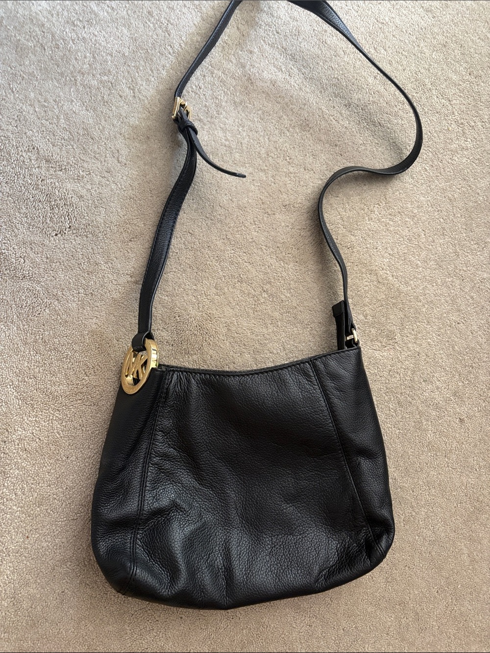 Michael Kors Black Leather Shoulder Hobo with Gold MK Charm